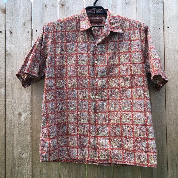 Tori Richard Men's Shirt Rust Red Mosaic Print Cotton Lawn Hawaiian Size L - Picture 3 of 11